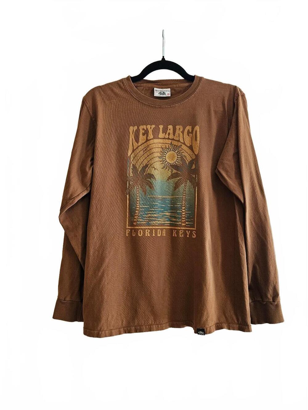 TechStyles Key Largo Florida Keys Brown Long Sleeve Cotton T-Shirt Size Small